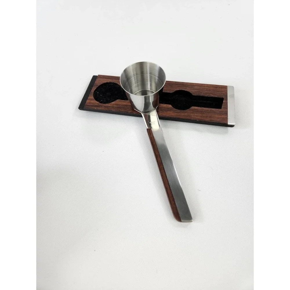 Vintage MCM Barware Cocktail Jigger Pourer Wooden Steel Handle Bar Holder Japan